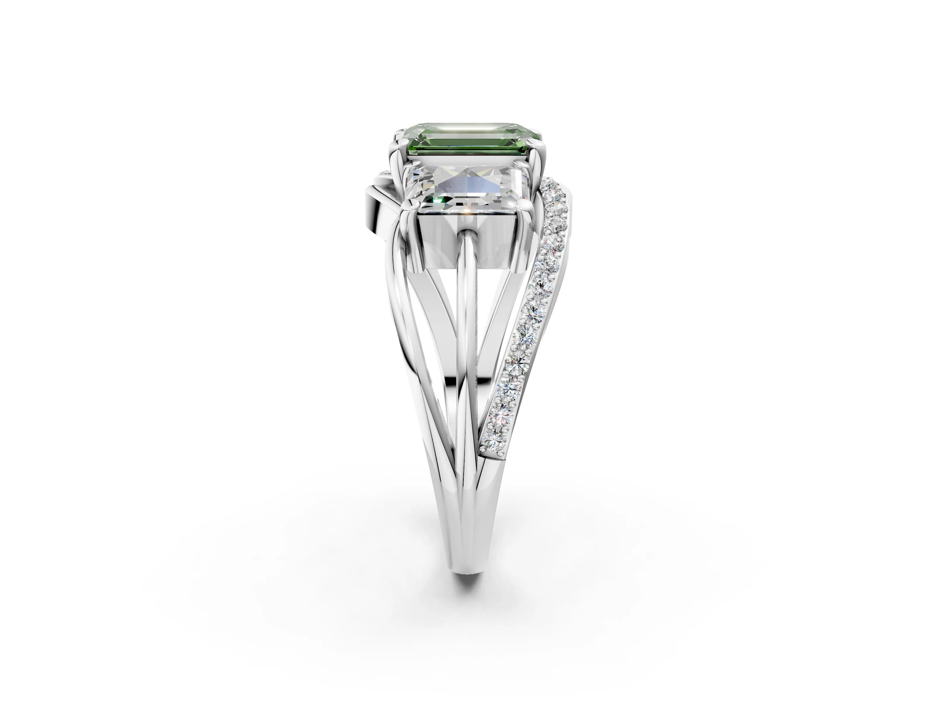 White gold Three-Stone Fancy Green Emerald Cut Cut Diamond Split Shank Prong Set Ring_26