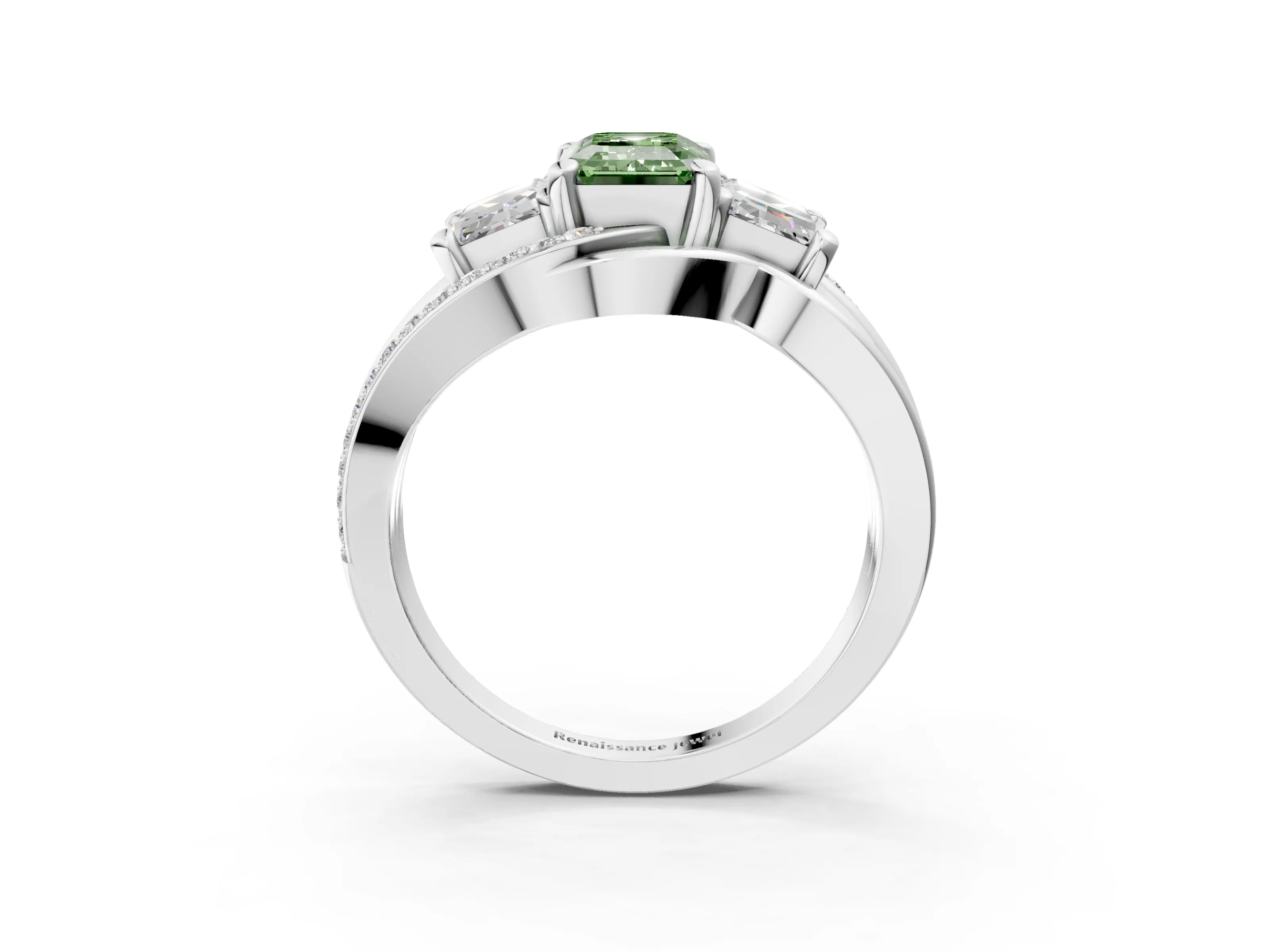 White gold Three-Stone Fancy Green Emerald Cut Cut Diamond Split Shank Prong Set Ring_27