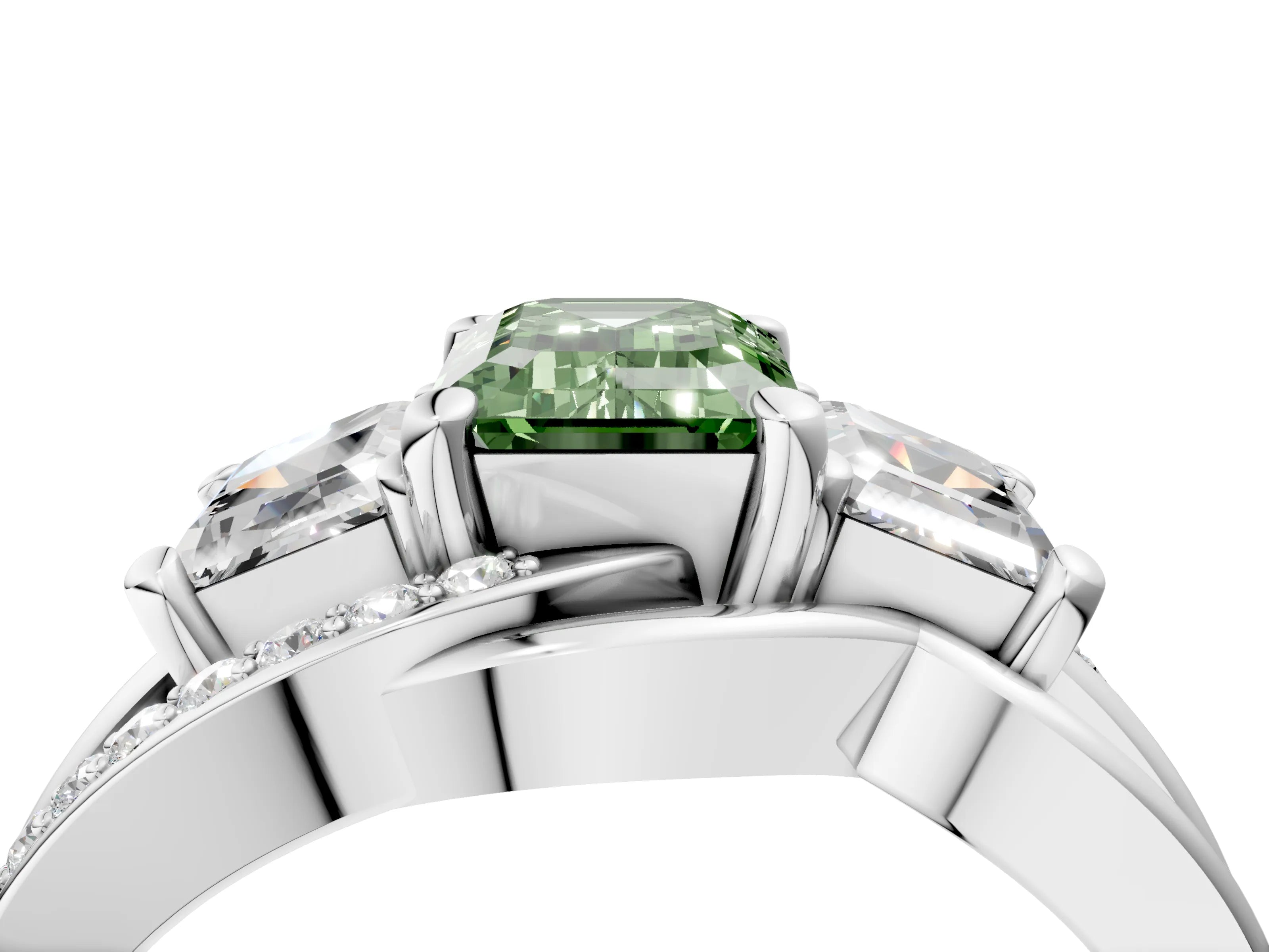 White gold Three-Stone Fancy Green Emerald Cut Cut Diamond Split Shank Prong Set Ring_28