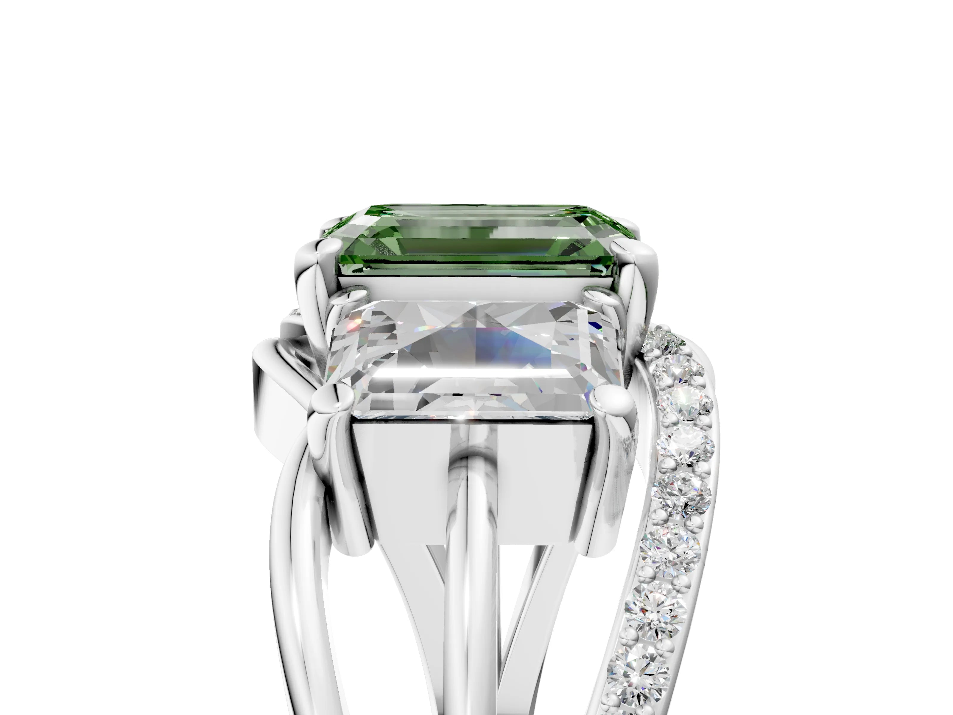 White gold Three-Stone Fancy Green Emerald Cut Cut Diamond Split Shank Prong Set Ring_29