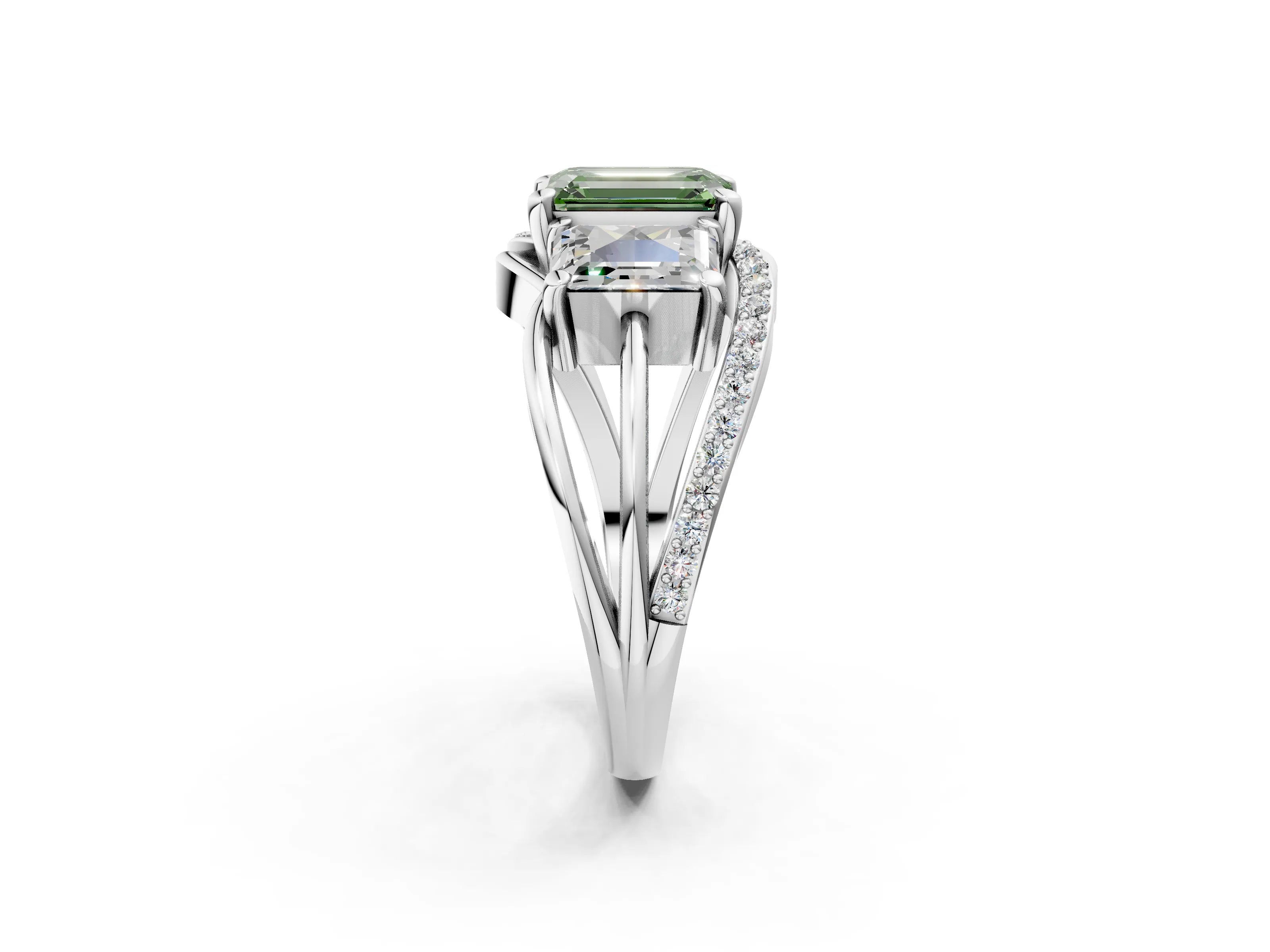 White gold Three-Stone Fancy Green Emerald Cut Cut Diamond Split Shank Prong Set Ring_2