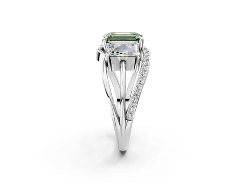 White gold Three-Stone Fancy Green Emerald Cut Cut Diamond Split Shank Prong Set Ring_2