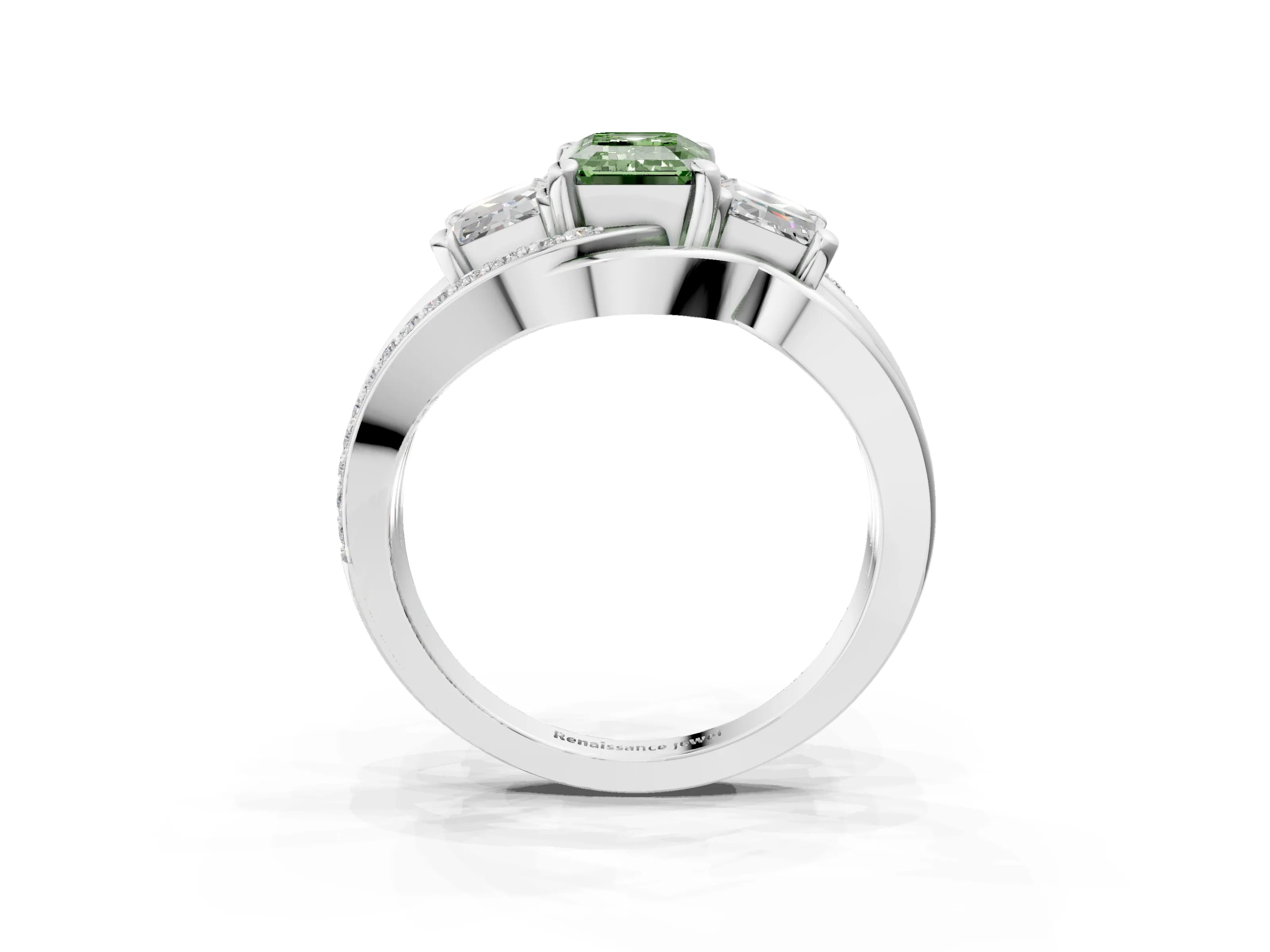 White gold Three-Stone Fancy Green Emerald Cut Cut Diamond Split Shank Prong Set Ring_3