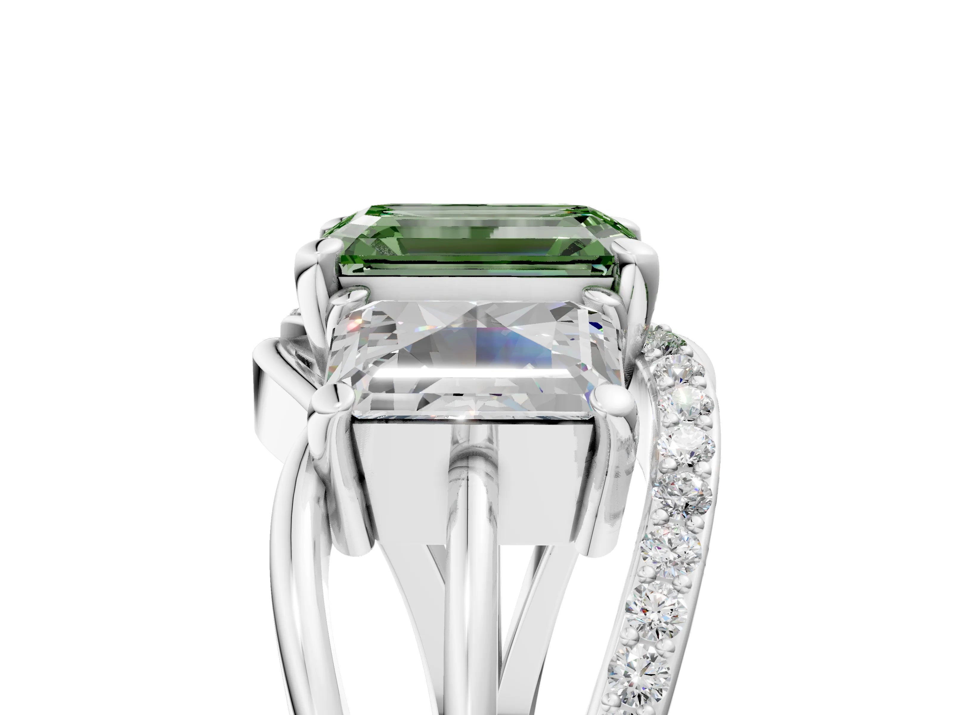 White gold Three-Stone Fancy Green Emerald Cut Cut Diamond Split Shank Prong Set Ring_5