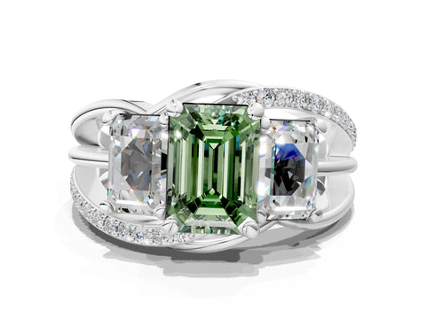 White gold Three-Stone Fancy Green Emerald Cut Cut Diamond Split Shank Prong Set Ring