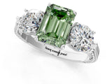 White gold Three-Stone Fancy Green Emerald Cut Cut Milgrain Band Prong Setting Ring_1