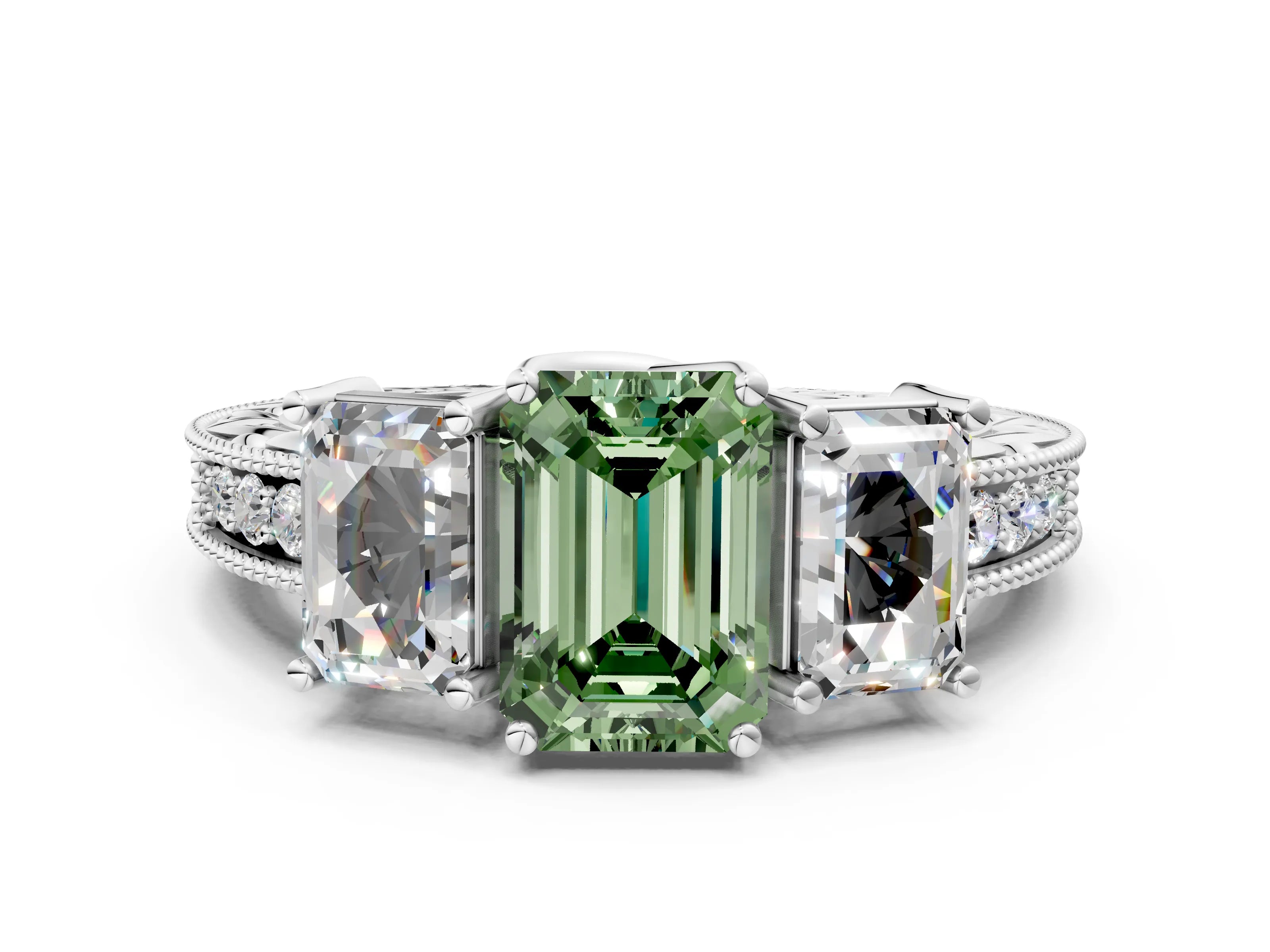 White gold Three-Stone Fancy Green Emerald Cut Cut Milgrain Pavé Engagement Ring_12