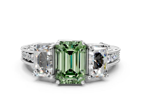 White gold Three-Stone Fancy Green Emerald Cut Cut Milgrain Pavé Engagement Ring_12
