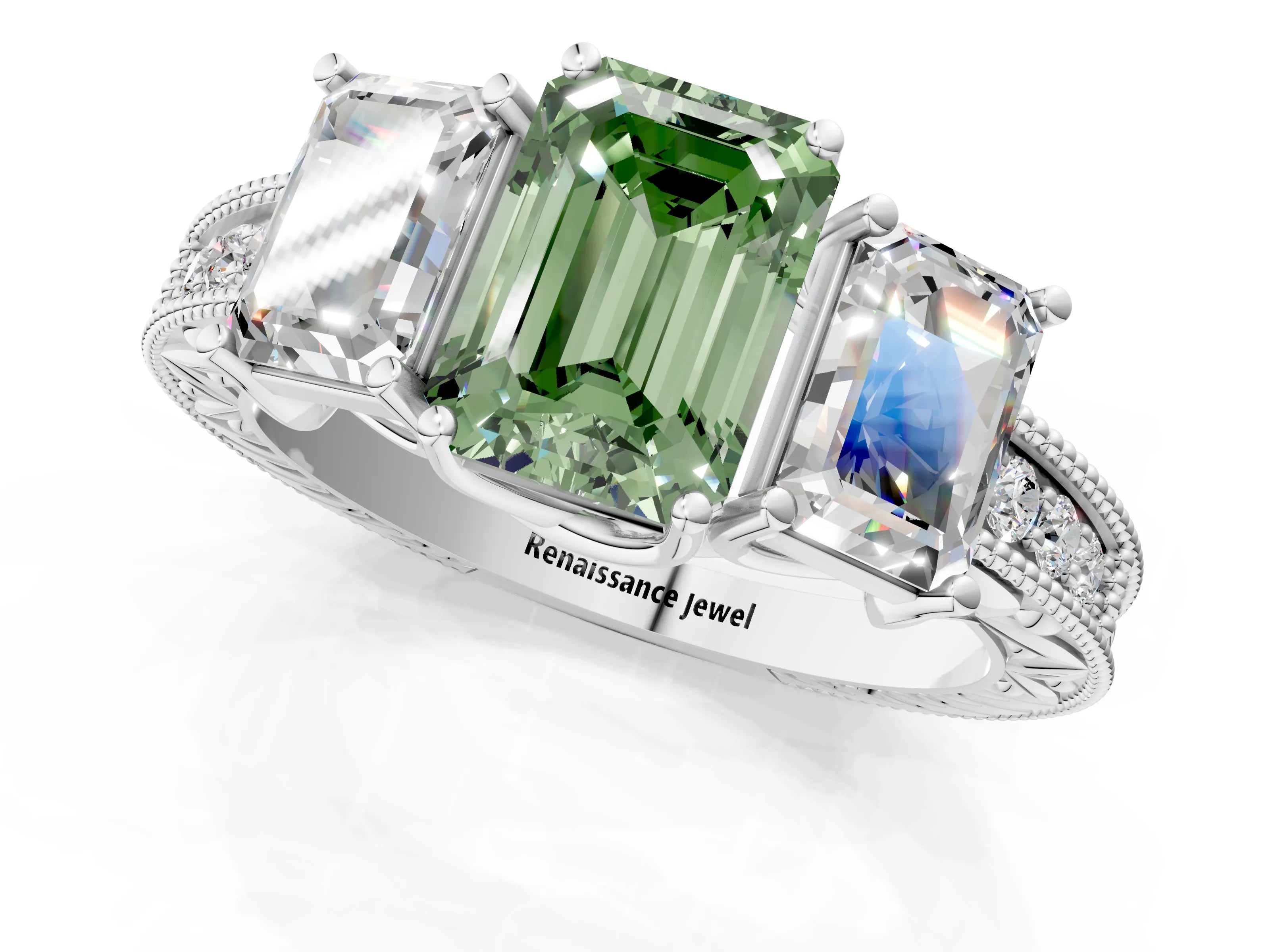 White gold Three-Stone Fancy Green Emerald Cut Cut Milgrain Pavé Engagement Ring_13