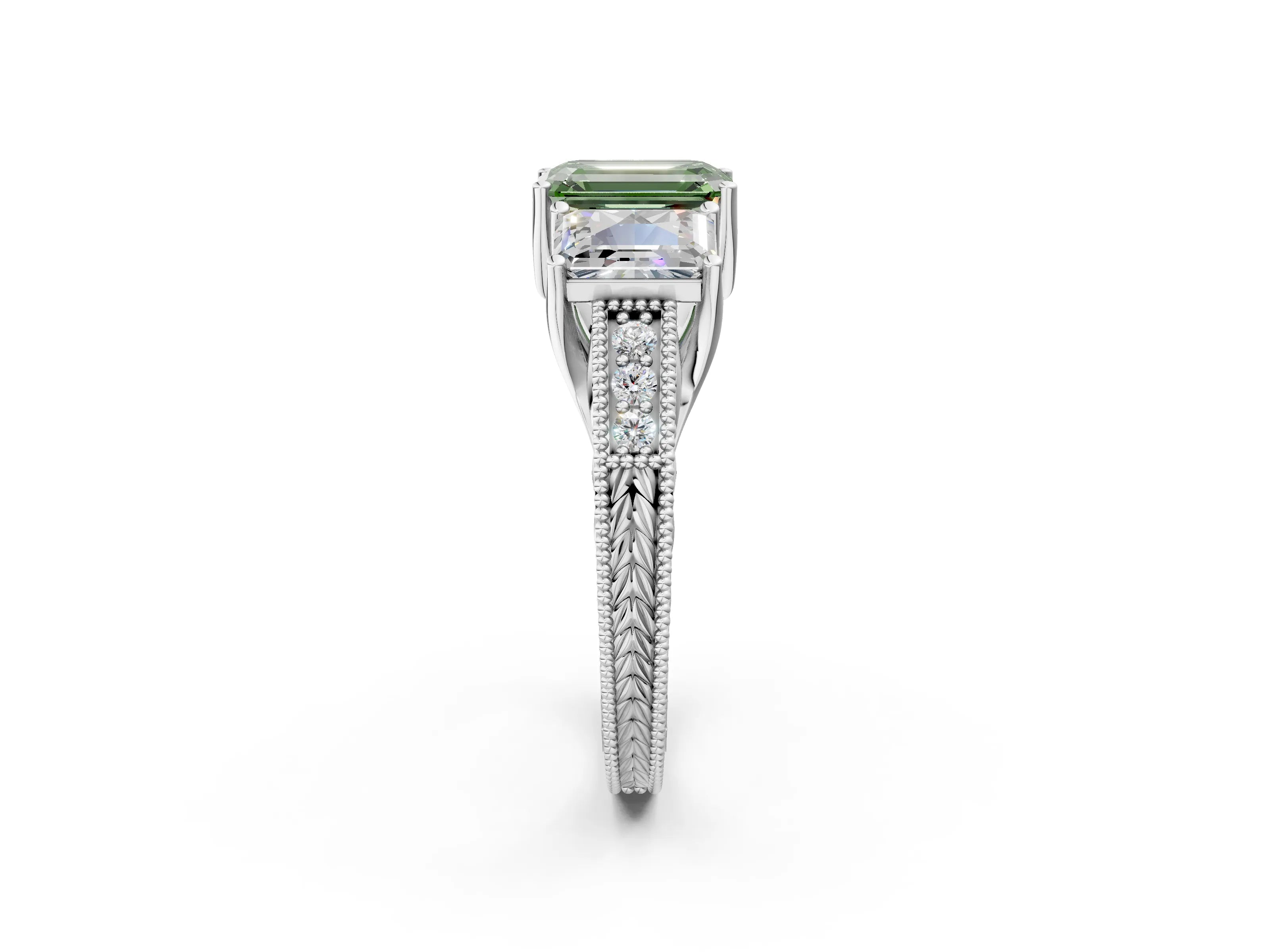 White gold Three-Stone Fancy Green Emerald Cut Cut Milgrain Pavé Engagement Ring_14