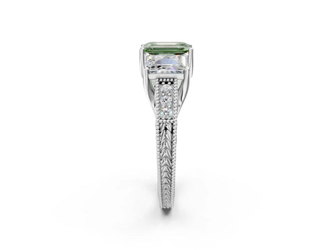 White gold Three-Stone Fancy Green Emerald Cut Cut Milgrain Pavé Engagement Ring_14