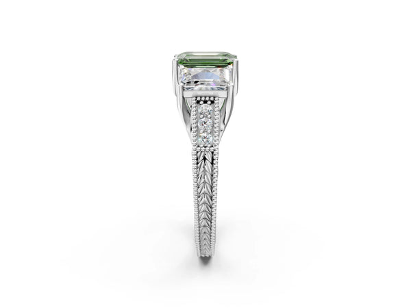 White gold Three-Stone Fancy Green Emerald Cut Cut Milgrain Pavé Engagement Ring