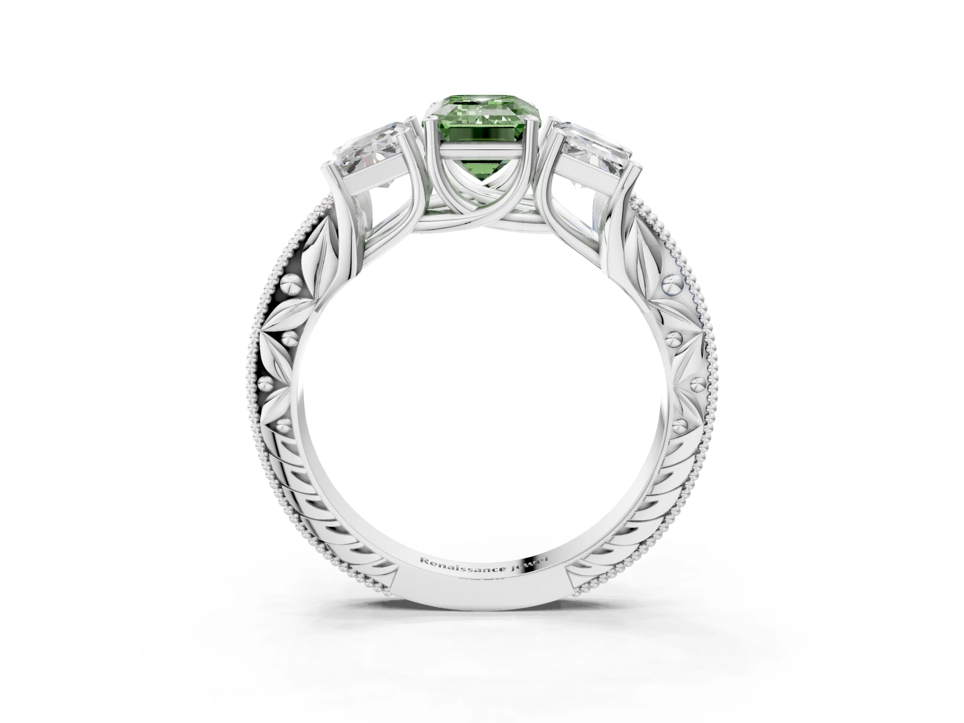 White gold Three-Stone Fancy Green Emerald Cut Cut Milgrain Pavé Engagement Ring_15
