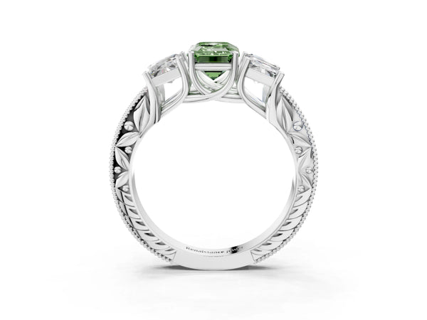 White gold Three-Stone Fancy Green Emerald Cut Cut Milgrain Pavé Engagement Ring