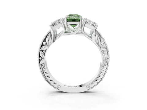 White gold Three-Stone Fancy Green Emerald Cut Cut Milgrain Pavé Engagement Ring_15