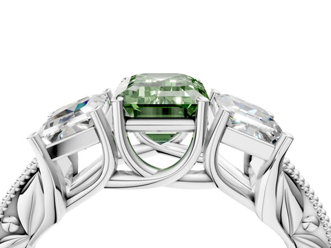White gold Three-Stone Fancy Green Emerald Cut Cut Milgrain Pavé Engagement Ring_16