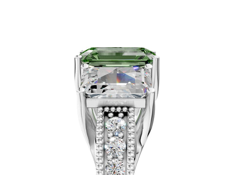 White gold Three-Stone Fancy Green Emerald Cut Cut Milgrain Pavé Engagement Ring_17