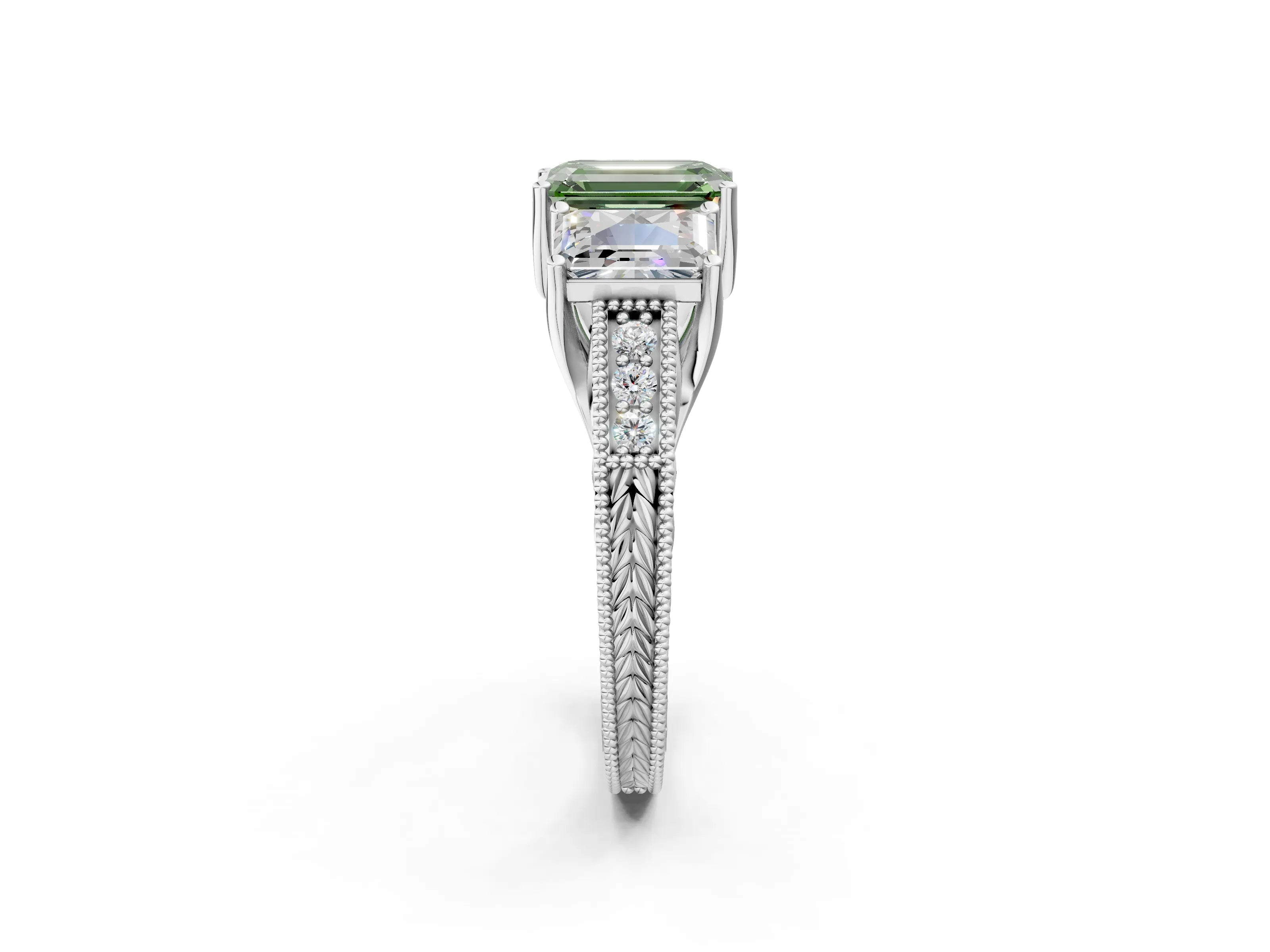 White gold Three-Stone Fancy Green Emerald Cut Cut Milgrain Pavé Engagement Ring_26