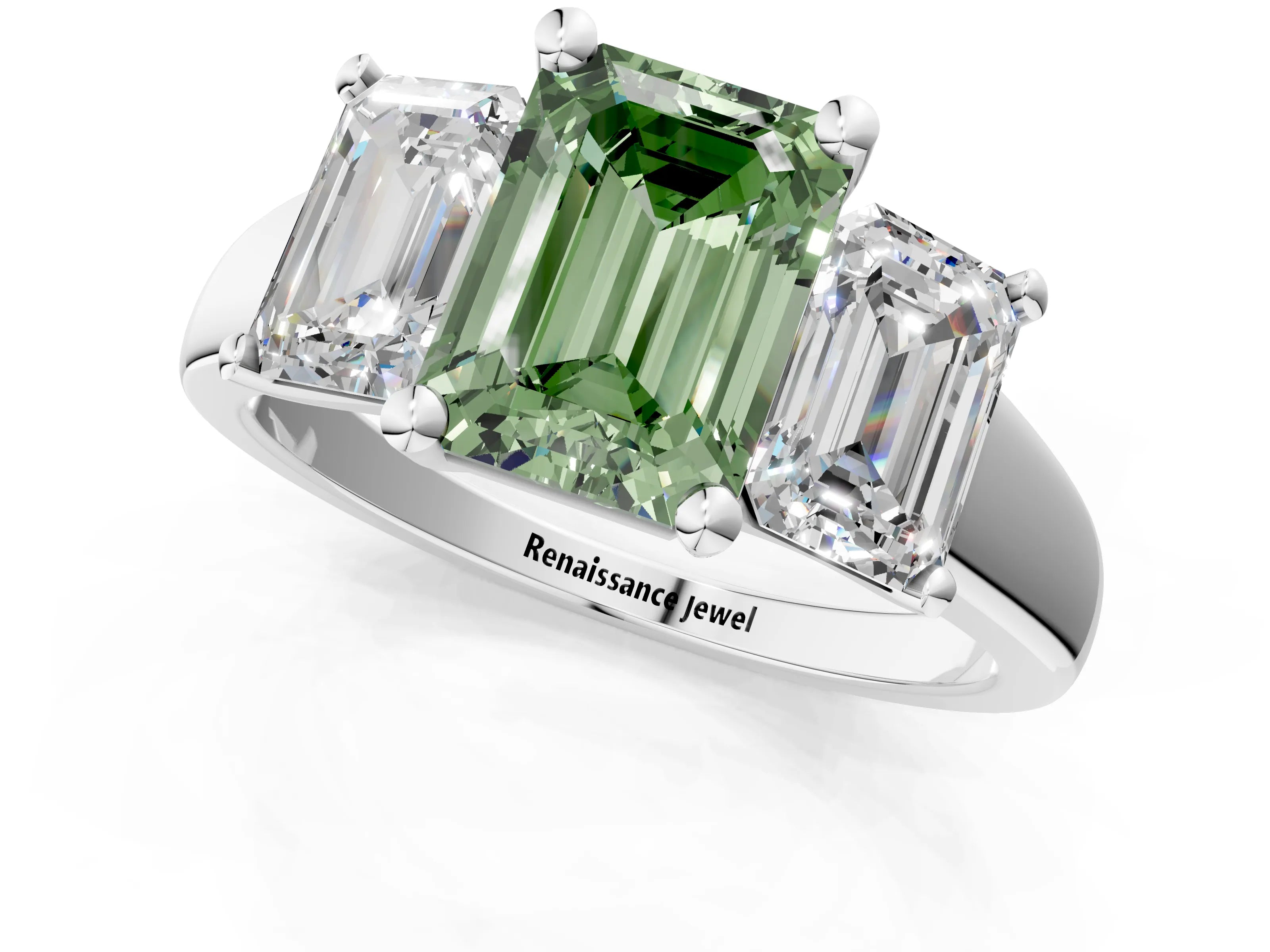 White gold Three-Stone Fancy Green Emerald Cut Cut Solitaire Ring with Classic Prong Setting_13