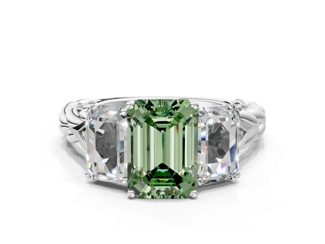 White gold Three-Stone Fancy Green Emerald Cut Diamond Braided Band Ring with Four-Prong Setting_101