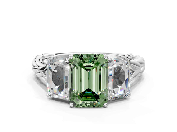 White gold Three-Stone Fancy Green Emerald Cut Diamond Braided Band Ring with Four-Prong Setting