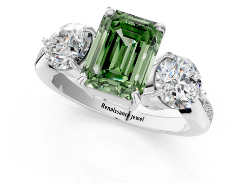 White gold Three-Stone Fancy Green Emerald Cut Diamond Channel Set Engagement Ring with Prong Setting_13