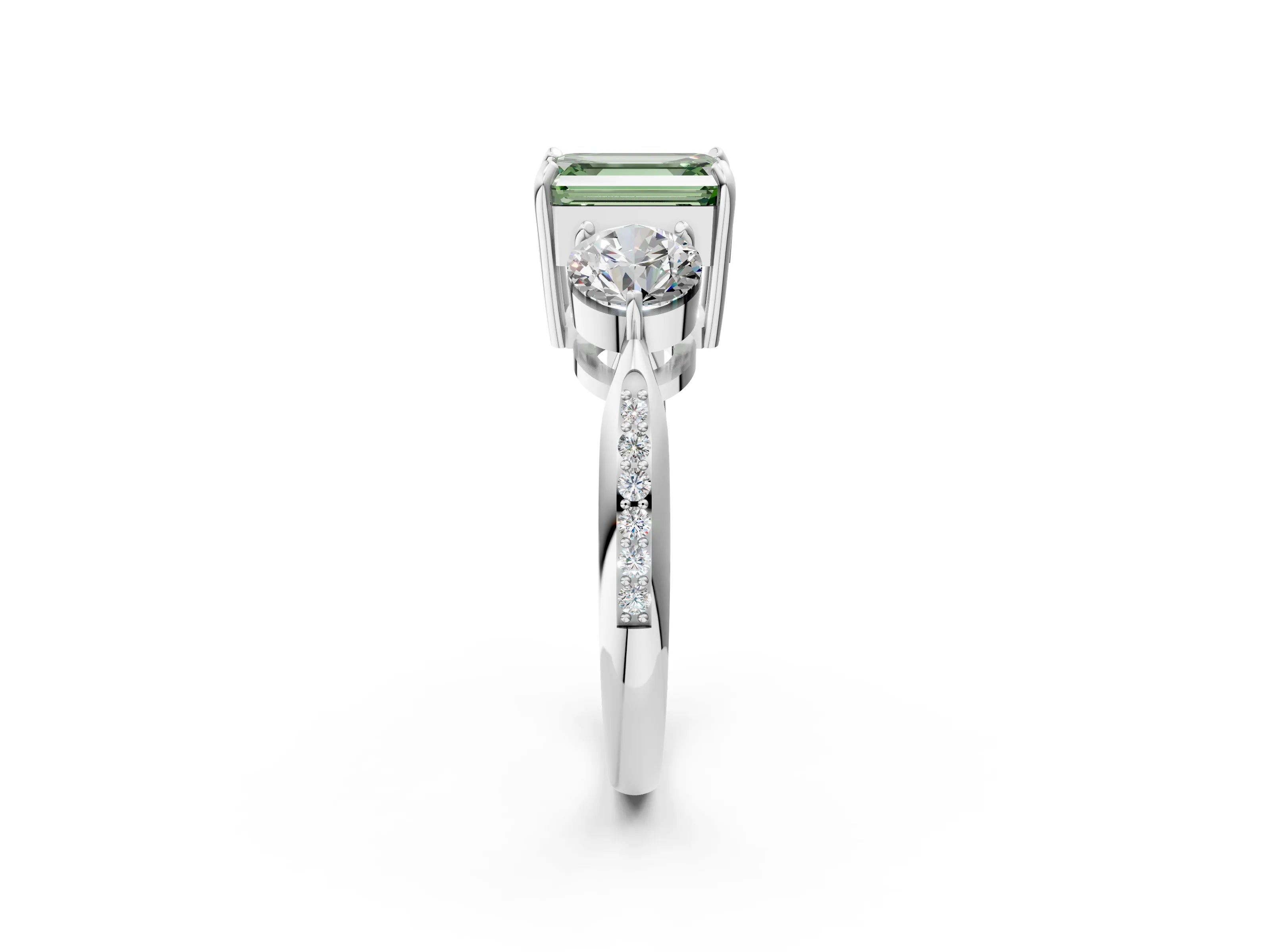 White gold Three-Stone Fancy Green Emerald Cut Diamond Channel Set Engagement Ring with Prong Setting_14