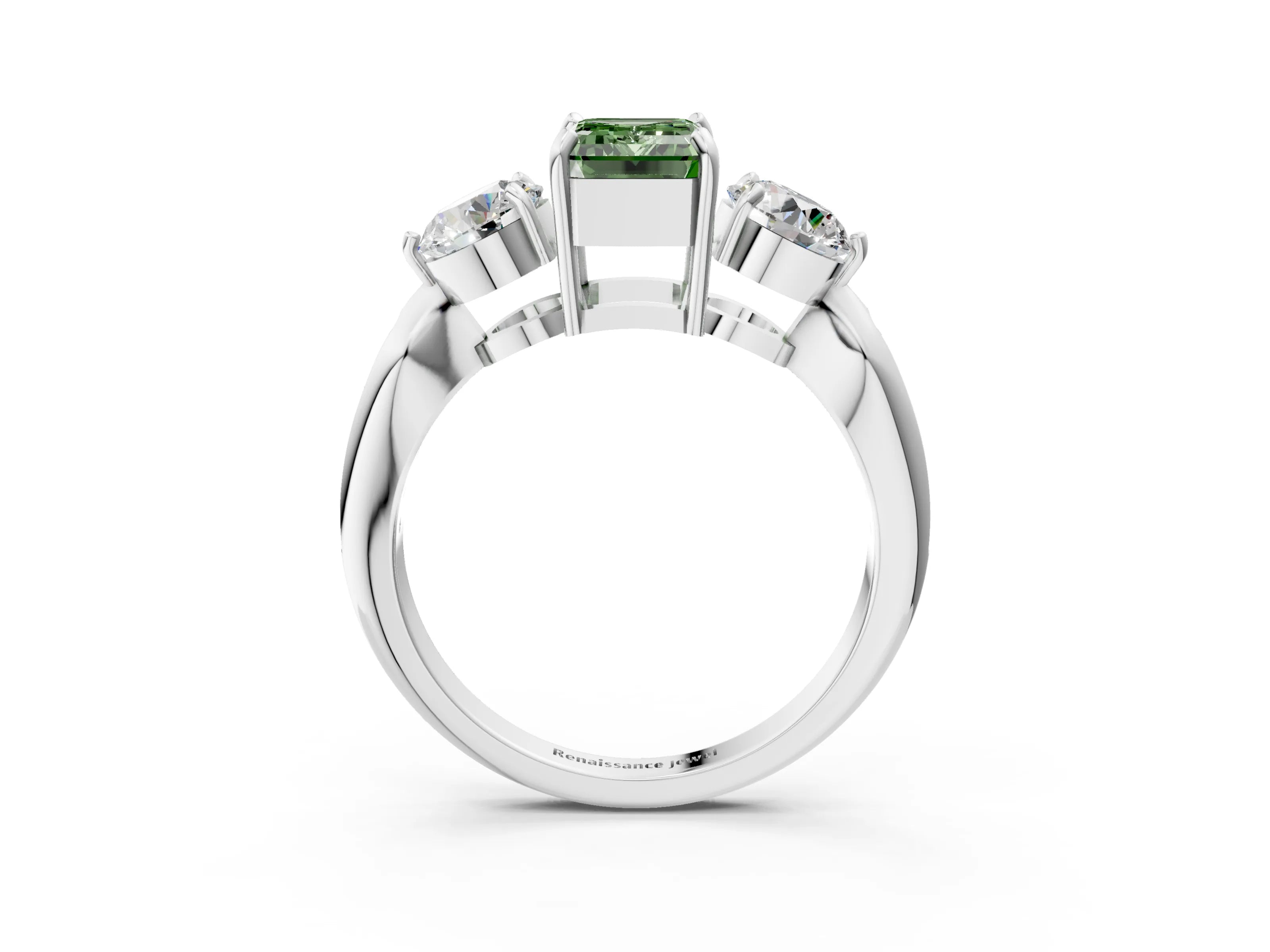 White gold Three-Stone Fancy Green Emerald Cut Diamond Channel Set Engagement Ring with Prong Setting_15