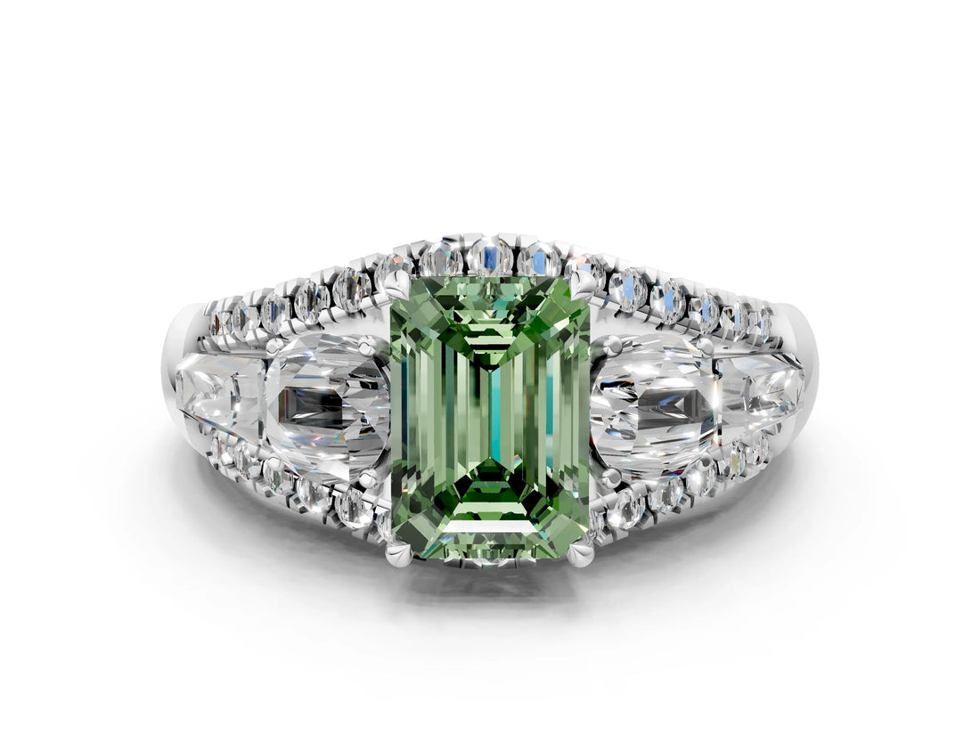 White gold Three-Stone Fancy Green Emerald Cut Diamond Engagement Ring with Pave Band and Prong Setting_12