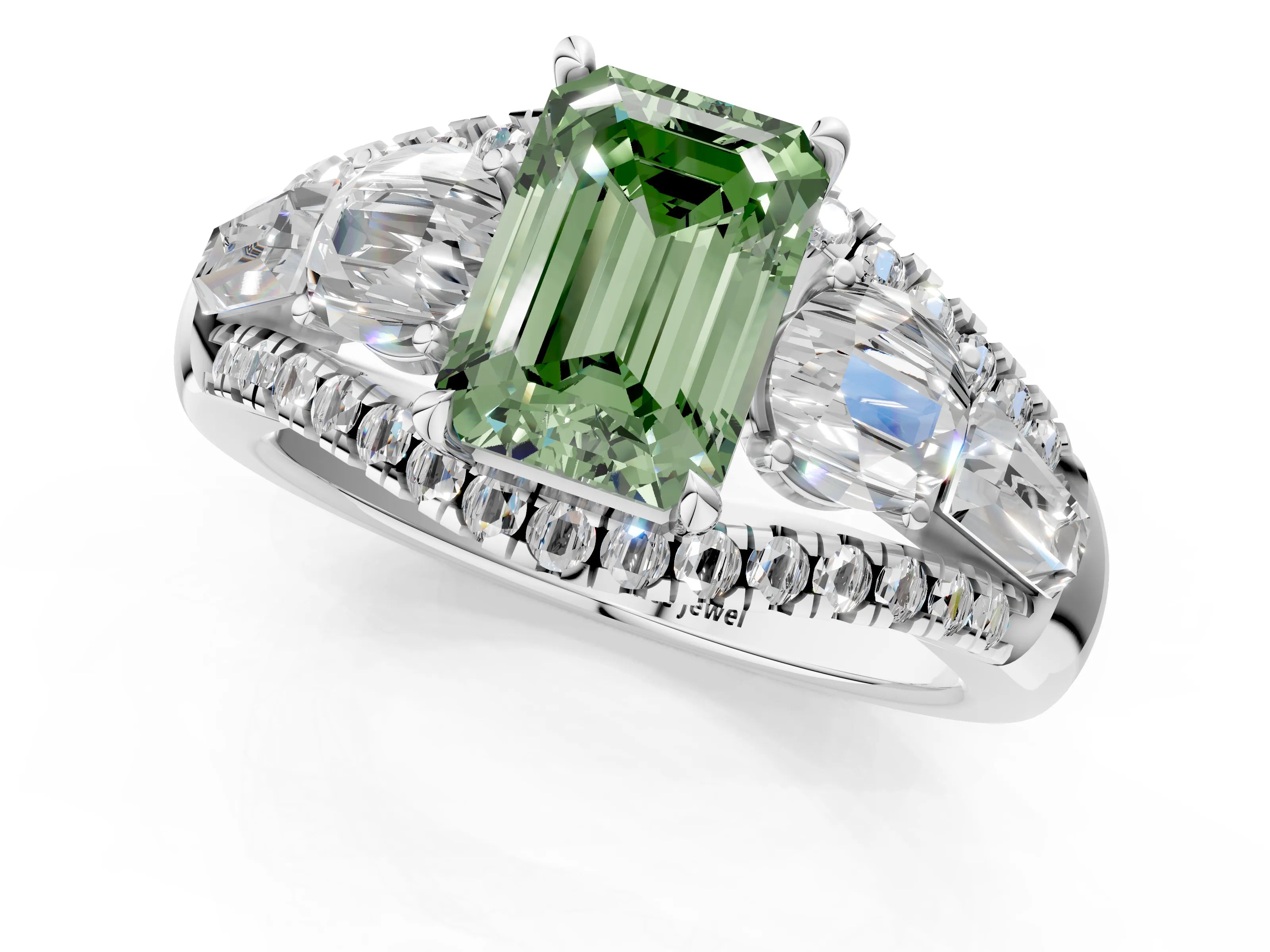 White gold Three-Stone Fancy Green Emerald Cut Diamond Engagement Ring with Pave Band and Prong Setting_13