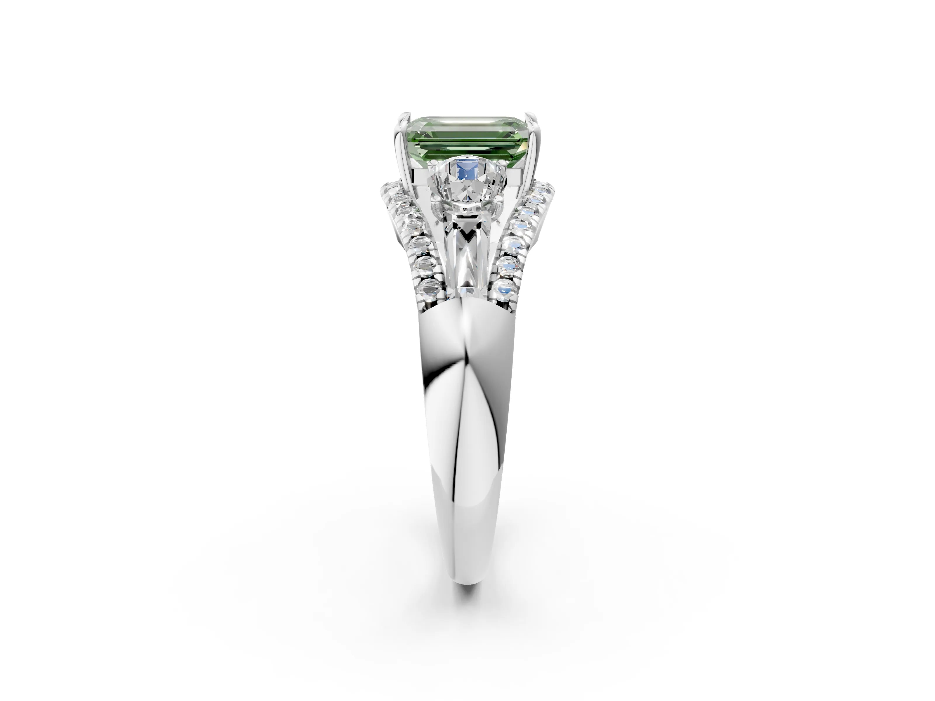 White gold Three-Stone Fancy Green Emerald Cut Diamond Engagement Ring with Pave Band and Prong Setting_14