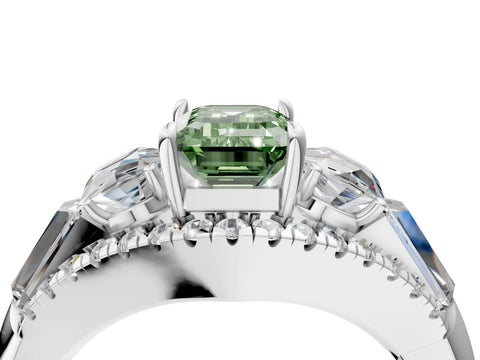 White gold Three-Stone Fancy Green Emerald Cut Diamond Engagement Ring with Pave Band and Prong Setting_16