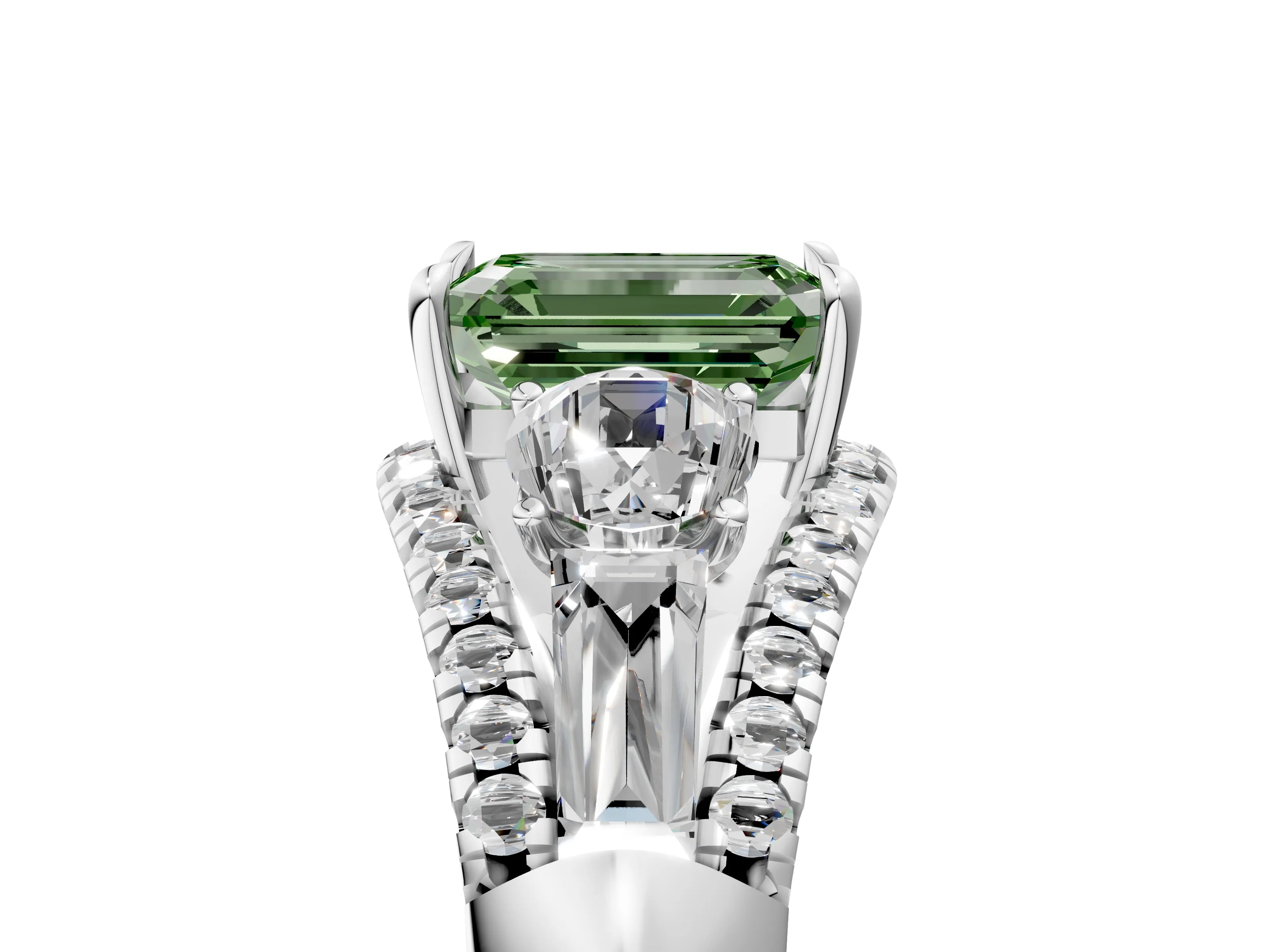 White gold Three-Stone Fancy Green Emerald Cut Diamond Engagement Ring with Pave Band and Prong Setting_17