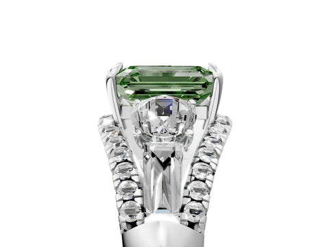 White gold Three-Stone Fancy Green Emerald Cut Diamond Engagement Ring with Pave Band and Prong Setting_17