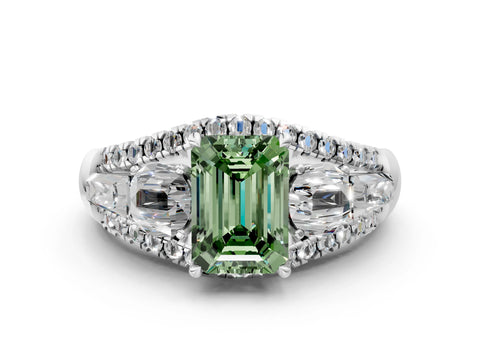 White gold Three-Stone Fancy Green Emerald Cut Diamond Engagement Ring with Pave Band and Prong Setting_2