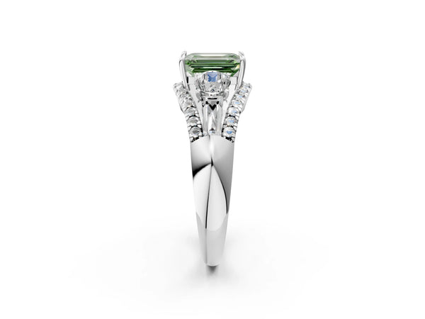 Platinum Three-Stone Fancy Green Emerald Cut Diamond Engagement Ring with Pave Band and Prong Setting