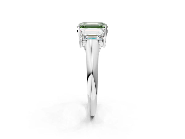 White gold Three-Stone Fancy Green Emerald Cut Diamond Engagement Ring with Prong Setting