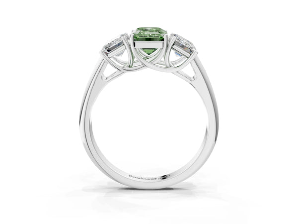 White gold Three-Stone Fancy Green Emerald Cut Diamond Engagement Ring with Prong Setting