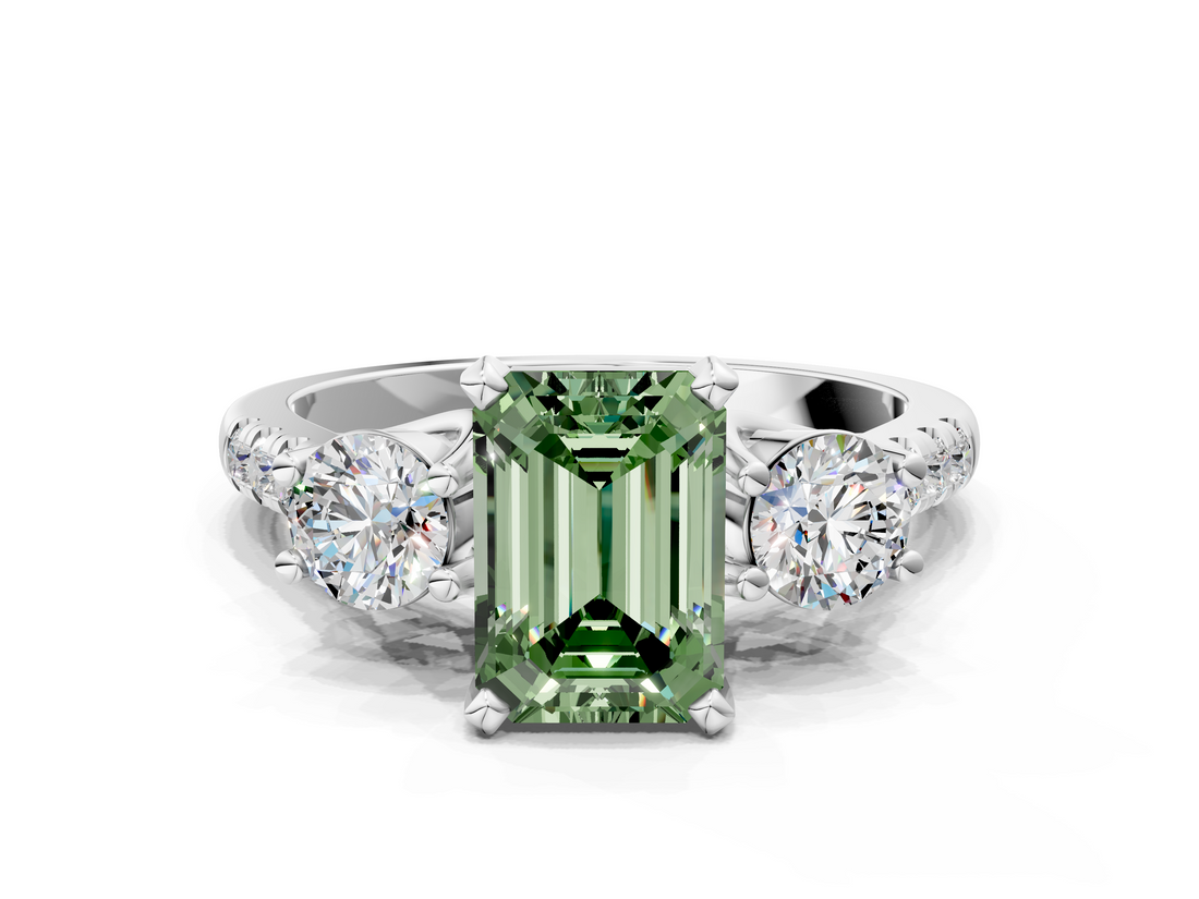 White gold Three-Stone Fancy Green Emerald  Cut Diamond Pavé Band with Four-Prong Setting_28