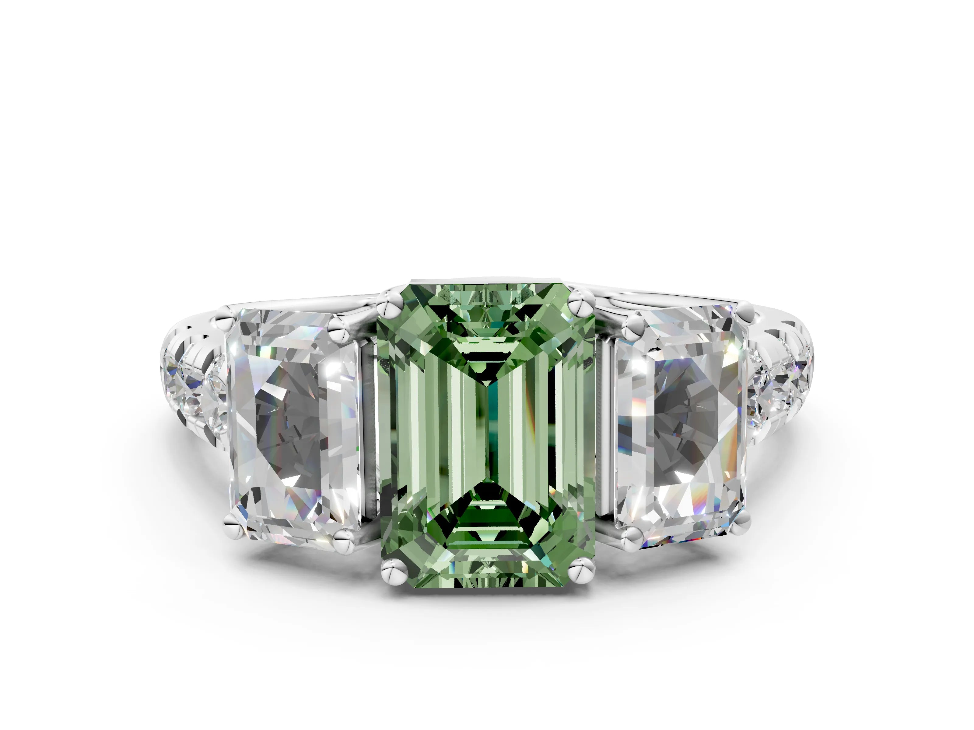White gold Three-Stone Fancy Green Emerald Cut Diamond Pavé Band with Prong Setting_12