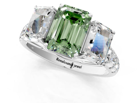 White gold Three-Stone Fancy Green Emerald Cut Diamond Pavé Band with Prong Setting_13