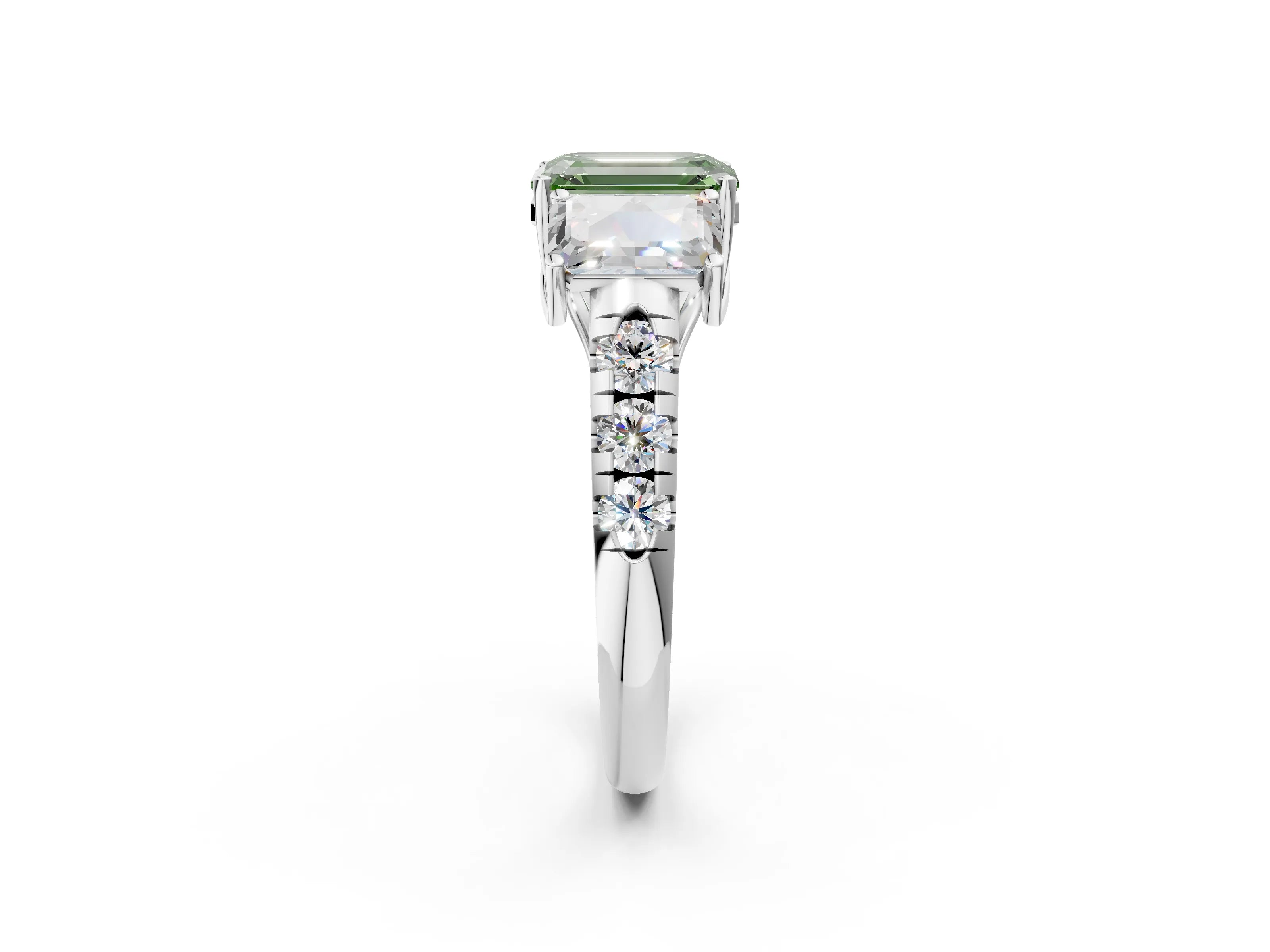 White gold Three-Stone Fancy Green Emerald Cut Diamond Pavé Band with Prong Setting_14