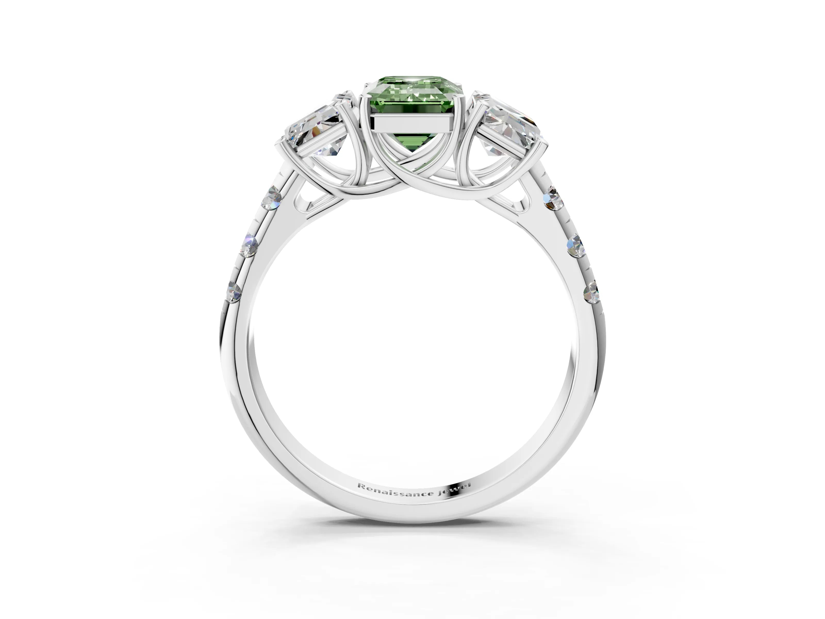 White gold Three-Stone Fancy Green Emerald Cut Diamond Pavé Band with Prong Setting_15