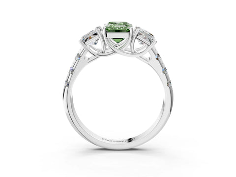 White gold Three-Stone Fancy Green Emerald Cut Diamond Pavé Band with Prong Setting_15