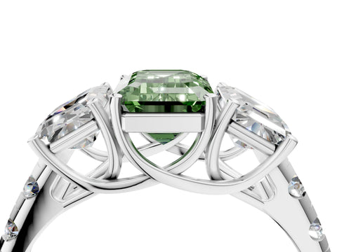White gold Three-Stone Fancy Green Emerald Cut Diamond Pavé Band with Prong Setting_16