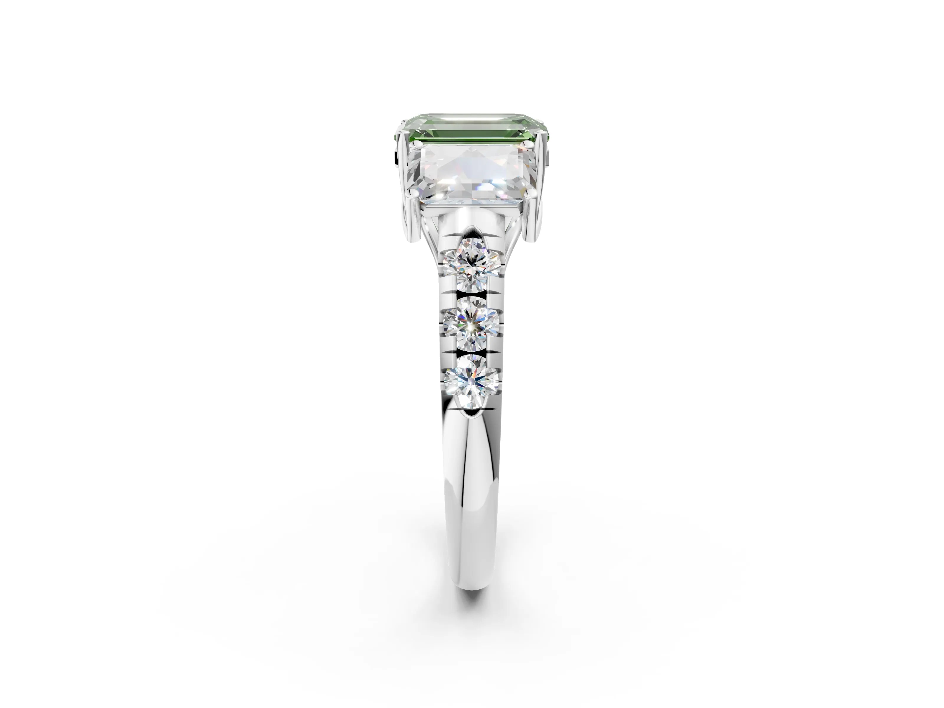 White gold Three-Stone Fancy Green Emerald Cut Diamond Pavé Band with Prong Setting_2