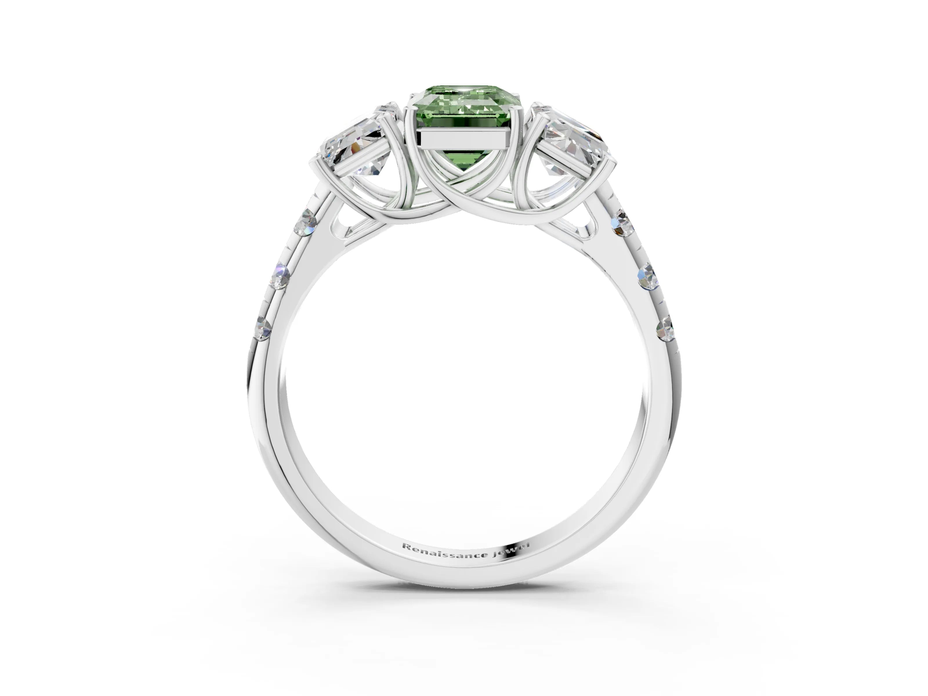 White gold Three-Stone Fancy Green Emerald Cut Diamond Pavé Band with Prong Setting_3