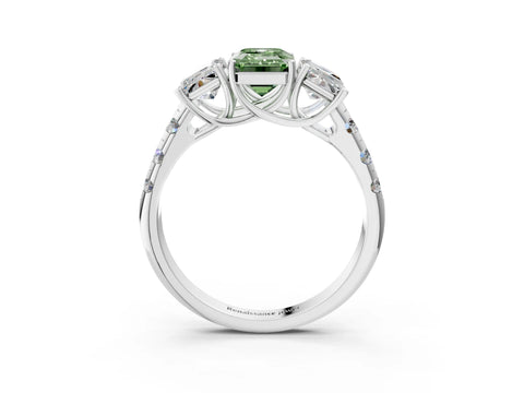 White gold Three-Stone Fancy Green Emerald Cut Diamond Pavé Band with Prong Setting_3