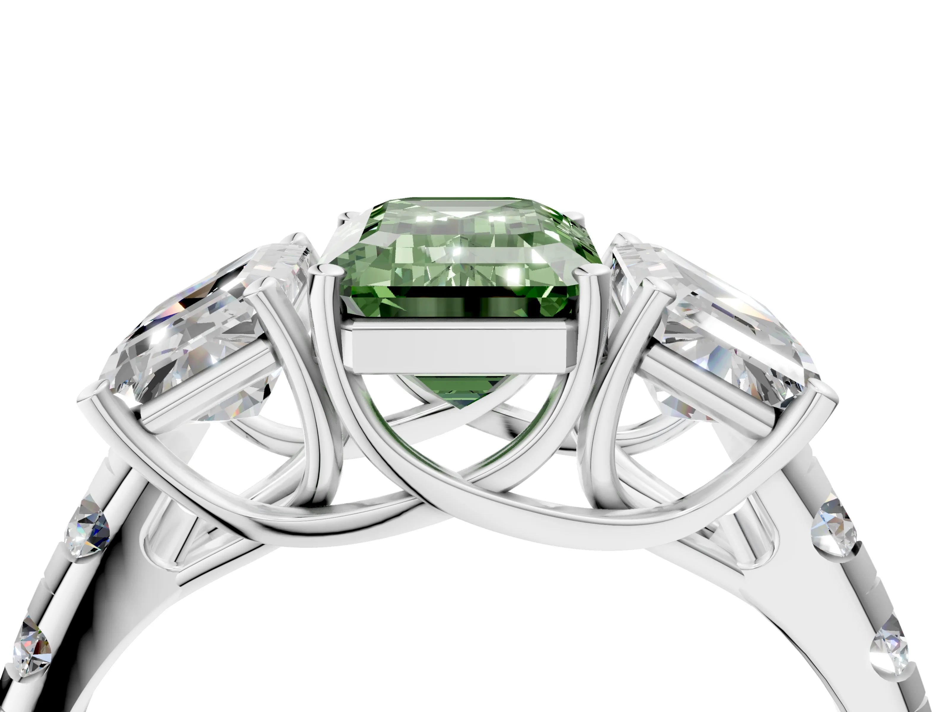 White gold Three-Stone Fancy Green Emerald Cut Diamond Pavé Band with Prong Setting_4