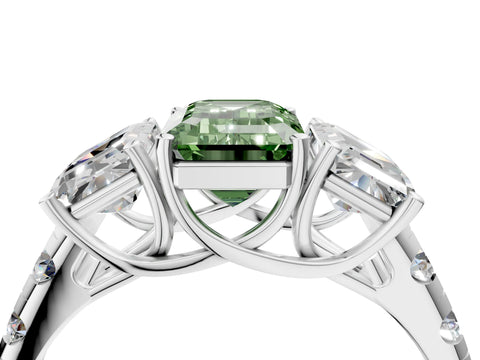 White gold Three-Stone Fancy Green Emerald Cut Diamond Pavé Band with Prong Setting_4